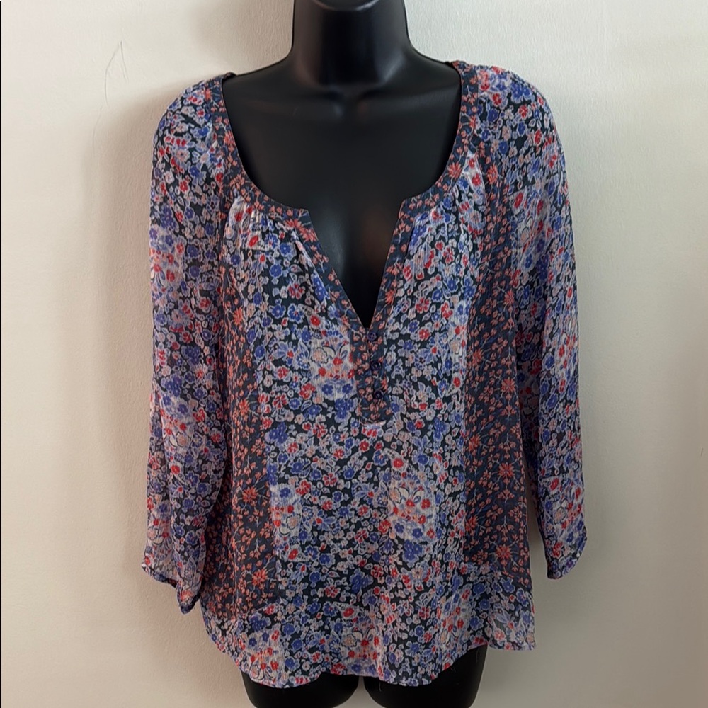 Sheer Floral Split-Neck Women's Blouse in Blue Multi-Color Boho Peasant Medium